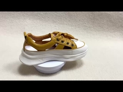 Sandales en cuir jaune plat pour femmes, à tête ronde et lacets pour été